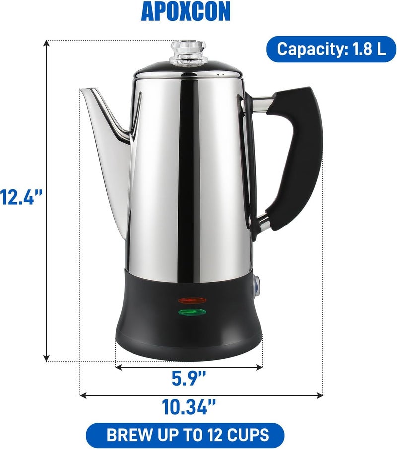 APOXCON Electric Coffee Percolator Stainless Steel Coffee Maker with Heat Resistant Tough Glass Clear Brew Progress Knob, Classic Coffee Pot with Keep Warm Cordless Serve Cool Touch Handle 12 Cup - Image 2